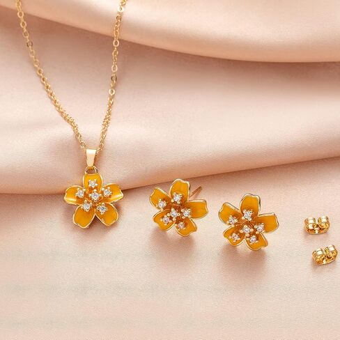 EVEVIC Fashion Cherry Blossom Necklace مجموعة أقراط للنساء 18K مطلية بالذهب لا تسبب الحساسية زهرة ساكورا مجموعة مجوهرات هدايا للنساء الفتيات in Saudi Arabia