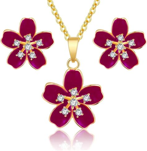 EVEVIC Fashion Cherry Blossom Necklace مجموعة أقراط للنساء 18K مطلية بالذهب لا تسبب الحساسية زهرة ساكورا مجموعة مجوهرات هدايا للنساء الفتيات in Saudi Arabia