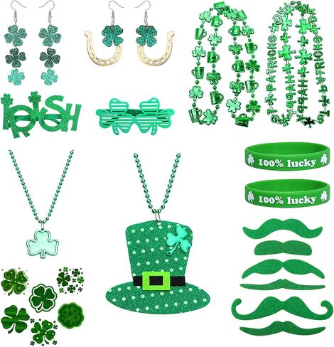 Florideco St. Patrick's Day Accessories Costumes Set With 2 Pairs Earrings 2 Glasses 4 Shamrock Necklace 2 Lucky Bracelets 6 Mustaches 2 Irish Shoulder Strap for Women Girls Irish Party Favors St in Kuwait