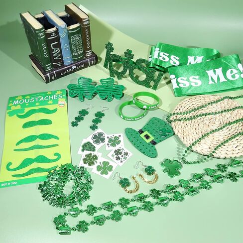 Florideco St. Patrick's Day Accessories Costumes Set With 2 Pairs Earrings 2 Glasses 4 Shamrock Necklace 2 Lucky Bracelets 6 Mustaches 2 Irish Shoulder Strap for Women Girls Irish Party Favors St in Kuwait