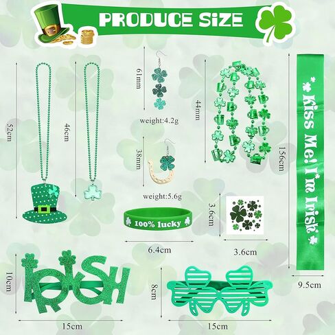 Florideco St. Patrick's Day Accessories Costumes Set With 2 Pairs Earrings 2 Glasses 4 Shamrock Necklace 2 Lucky Bracelets 6 Mustaches 2 Irish Shoulder Strap for Women Girls Irish Party Favors St in Kuwait