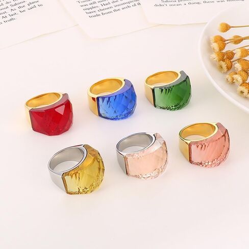 Crystal Glass Stainless Steel Band Ring Gold Plated Fashion Exaggerated Cubic Zirconia Rings Women's Stunning Large Statement Rhinestone Bands Cocktail Party Ring for Ladies Girls Birthday in Saudi Arabia