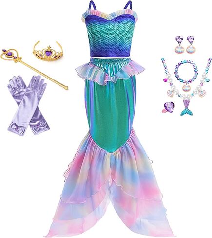 زي حورية البحر الصغيرة من ZALOORIY للفتيات، فستان الأميرة أرييل التنكري مع الملحقات in Kuwait