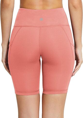 BALEAF Biker Shorts Women Yoga Gym Workout Spandex Running Volleyball Tummy Control Compression Shorts with Pockets 8" Coral Pink M in Saudi Arabia