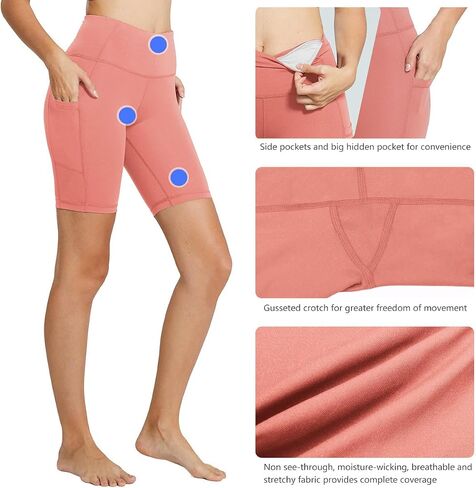 BALEAF Biker Shorts Women Yoga Gym Workout Spandex Running Volleyball Tummy Control Compression Shorts with Pockets 8" Coral Pink M in Saudi Arabia