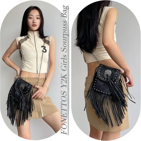 FONETTOS Y2K Punk Fringe Bag Novelty Tassel Gothic Western Crossbody Purse Women Sourpuss Shoulder Rockstar Halloween in Saudi Arabia