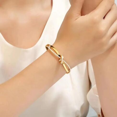 Rose Gold Bow Bangle Bracelet for Women Personalized Cubic Zirconia Stainless Steel Bracelets Oval Butterfly Bangles Bracelets Gifts for Love in Saudi Arabia