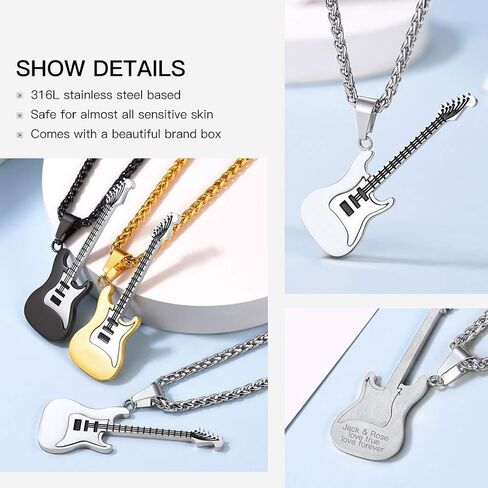 Suplight 316L Stainless Steel Guitar Picks/Bass Music Note Necklace for Men Women, Music Lover Pendant Rock Punk Jewelry, Custom Free Engraving in Kuwait