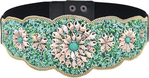 idealway Bohemian Shell Women Belt Wide Stretch Elastic Waist Belt Handmade Beaded Flower Adjustable 29"-35" Belt in Saudi Arabia