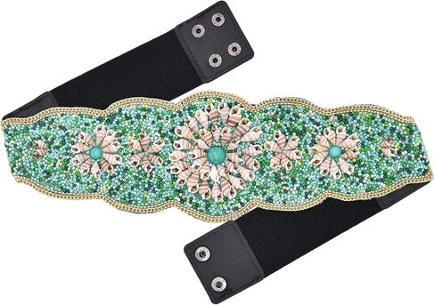 idealway Bohemian Shell Women Belt Wide Stretch Elastic Waist Belt Handmade Beaded Flower Adjustable 29"-35" Belt in Saudi Arabia