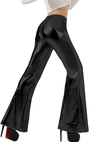 سراويل SOFIA'S Choice النسائية اللامعة ذات الخصر العالي والجلد القابل للتمدد والجزء السفلي من الجرس in Kuwait