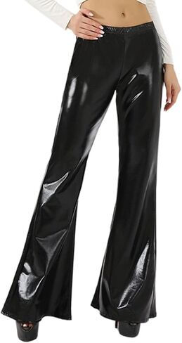 سراويل SOFIA'S Choice النسائية اللامعة ذات الخصر العالي والجلد القابل للتمدد والجزء السفلي من الجرس in Kuwait