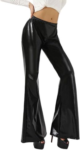 سراويل SOFIA'S Choice النسائية اللامعة ذات الخصر العالي والجلد القابل للتمدد والجزء السفلي من الجرس in Kuwait