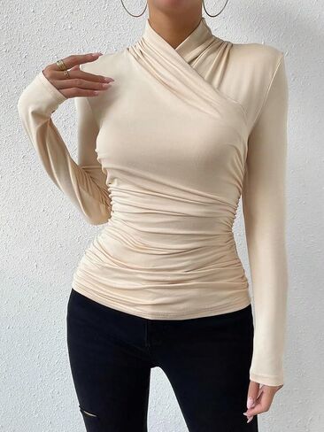 SweatyRocks Women's Ruched Mock Neck Long Sleeve T Shirt Solid Slim Fitted Tee Tops in Saudi Arabia