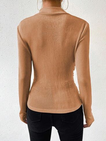 SweatyRocks Women's Ruched Mock Neck Long Sleeve T Shirt Solid Slim Fitted Tee Tops in Saudi Arabia