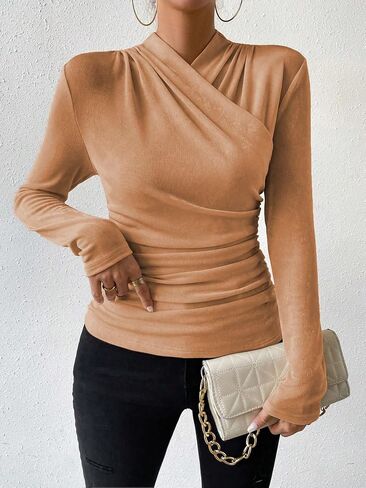 SweatyRocks Women's Ruched Mock Neck Long Sleeve T Shirt Solid Slim Fitted Tee Tops in Saudi Arabia