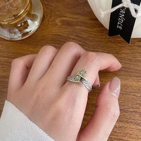 OIDIMS Dragonfly Adjustable Ring Cute Animal Sterling Silver 925 Plated Fashion Feather Stackable Open Vintage Retro Dragonflies Jewelry Gifts for Women Girls Men Stacking Finger Rings Xmas Birthday, in Saudi Arabia