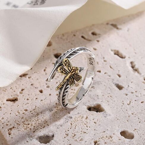 OIDIMS Dragonfly Adjustable Ring Cute Animal Sterling Silver 925 Plated Fashion Feather Stackable Open Vintage Retro Dragonflies Jewelry Gifts for Women Girls Men Stacking Finger Rings Xmas Birthday, in Saudi Arabia