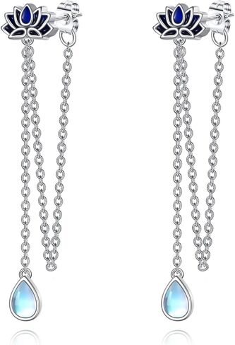 Moonstone لوتس سلسلة أقراط متدلية 925 فضة لوتس استرخى إسقاط أقراط عراف سلسلة طويلة نمط للنساء الفتيات in Kuwait