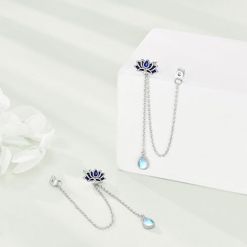 Moonstone لوتس سلسلة أقراط متدلية 925 فضة لوتس استرخى إسقاط أقراط عراف سلسلة طويلة نمط للنساء الفتيات in Kuwait