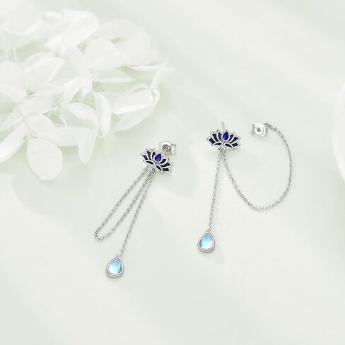 Moonstone لوتس سلسلة أقراط متدلية 925 فضة لوتس استرخى إسقاط أقراط عراف سلسلة طويلة نمط للنساء الفتيات in Kuwait