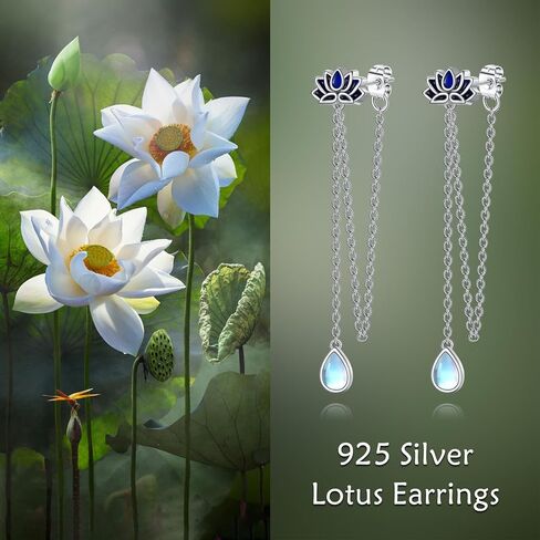 Moonstone لوتس سلسلة أقراط متدلية 925 فضة لوتس استرخى إسقاط أقراط عراف سلسلة طويلة نمط للنساء الفتيات in Kuwait