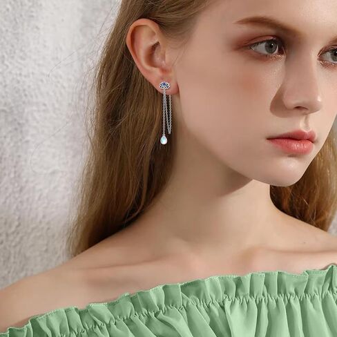 Moonstone لوتس سلسلة أقراط متدلية 925 فضة لوتس استرخى إسقاط أقراط عراف سلسلة طويلة نمط للنساء الفتيات in Kuwait