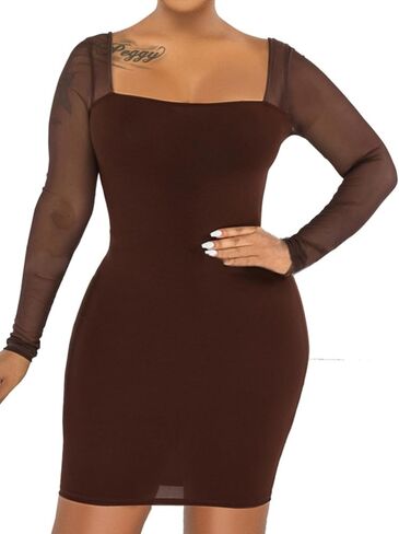 فستان Umenlele نسائي مكشكش شبكي بأكمام طويلة ورقبة مربعة مكشكشة قصير للحفلات in Kuwait