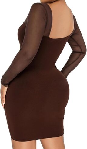 فستان Umenlele نسائي مكشكش شبكي بأكمام طويلة ورقبة مربعة مكشكشة قصير للحفلات in Kuwait