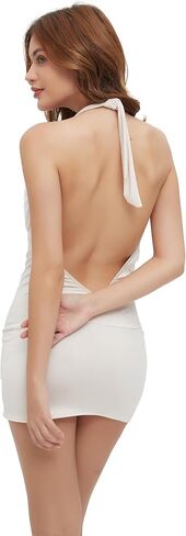 Women's Sexy Backless Sleeveless Deep V Neck Ruched Bodycon Mini Party Cocktail Dress in Saudi Arabia