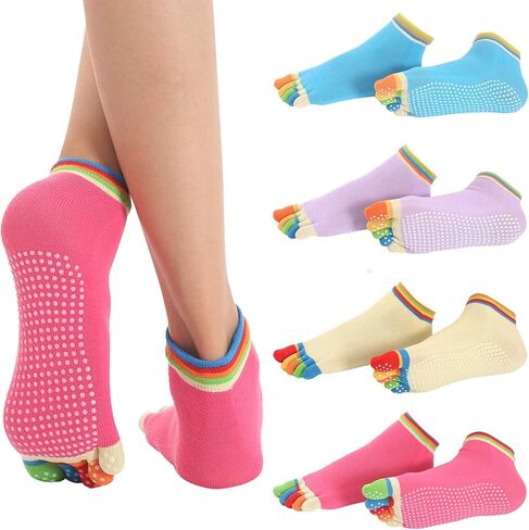 4 Pairs Toe Socks with Grips for Women Non Skid Pilates Ballet Dance Non Slip Sticky Five Finger Socks For Running Athletic in Saudi Arabia
