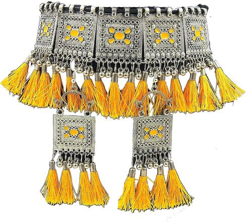 Indian Fashion Handmade Vintage Tibetan Kutchi Tribal Afghani Silver Oxidized Fashion Statement Tassel Thread Choker Necklace Set Yellow in Saudi Arabia