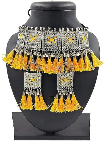 Indian Fashion Handmade Vintage Tibetan Kutchi Tribal Afghani Silver Oxidized Fashion Statement Tassel Thread Choker Necklace Set Yellow in Saudi Arabia