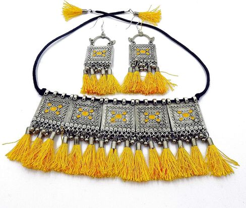 Indian Fashion Handmade Vintage Tibetan Kutchi Tribal Afghani Silver Oxidized Fashion Statement Tassel Thread Choker Necklace Set Yellow in Saudi Arabia