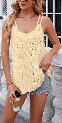 Womens Tank Tops Eyelet Embroidery Sleeveless T Shirt Spaghetti Strap Scoop Neck Loose Casual Summer Camisole Shirts in Saudi Arabia