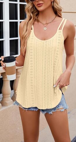 Womens Tank Tops Eyelet Embroidery Sleeveless T Shirt Spaghetti Strap Scoop Neck Loose Casual Summer Camisole Shirts in Saudi Arabia