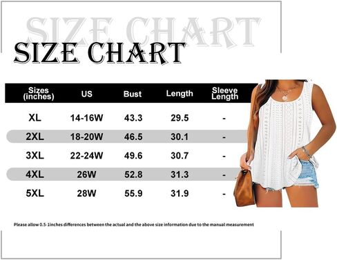 CARCOS Plus Size Tank Tops for Women Hollow Out Sleeveless Shirts Crewneck Embroidery Tee Tunics Casual Camisole Tank XL-5XL in Kuwait