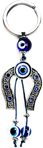 لاكبوستيوم سلسلة مفاتيح على شكل حدوة حصان من لاكي مع كريستال ازرق في المنتصف و2 عين شريرة متدلية من اجل الحظ السعيد والحماية - زينة معلقة للسيارة - مفاتيح المنزل والشنط وملحقات مراة الرؤية الخلفية in Kuwait