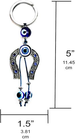 لاكبوستيوم سلسلة مفاتيح على شكل حدوة حصان من لاكي مع كريستال ازرق في المنتصف و2 عين شريرة متدلية من اجل الحظ السعيد والحماية - زينة معلقة للسيارة - مفاتيح المنزل والشنط وملحقات مراة الرؤية الخلفية in Kuwait