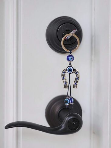 لاكبوستيوم سلسلة مفاتيح على شكل حدوة حصان من لاكي مع كريستال ازرق في المنتصف و2 عين شريرة متدلية من اجل الحظ السعيد والحماية - زينة معلقة للسيارة - مفاتيح المنزل والشنط وملحقات مراة الرؤية الخلفية in Kuwait