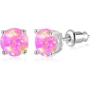 Opal Stud Earrings for Women Girls 14K White Gold Plated Hypoallergenic Opal Jewelry for Sensitive Ears 6mm