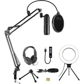 blucoil USB Cardioid Condenser Microphone with 3.5mm Headphone Jack & Mute Button Bundle with 1080p USB Webcam, Boom Arm Plus Pop Filter, 6" Ring Light, USB-A Mini Hub, and Samson SR350 Headphones