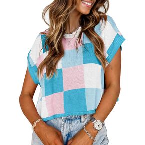 Womens Tops Crop Sweaters Vest Tank Color Block Cap Sleeve Crew Neck Going Out Loose Flowy Trendy Tops for Women