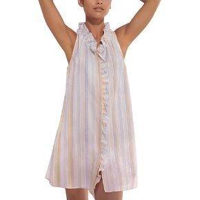 Women's Casual Mini Dress Frills Ruffles A-Line Skirts Striped Print V Neck Sleeveless Dresses Pockets