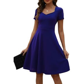Women's Elegant Vintage Summer Sweetheart Neck Short Sleeve Casual Work Party Business A-Line Dress 163
