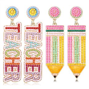 NLCAC 2 Pairs Teacher Earrings for Women Beaded Teacher Pencil Drop Dangle Earrings Back To School Teacher Appreciation Gifts
