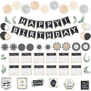69 Pieces Happy Birthday Bulletin Board Set Greenery Eucalyptus Birthday Wall Classroom Decoration Cutouts Birthday Chart Birthday Poster for Classroom with Glue Point for Teacher School Supplies
