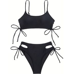 SweatyRocks Women's 2 Piece Bathing Suit Spaghetti Strap Side Lace Up Bikini Set High Waist Cut Out Solid Swimsuits