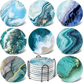 8 Pieces Coasters for Drinks with Holder, Marble Ocean Pattern Ceramic Absorbent Coasters with Cork Base Ocean Style Absorbent Ceramic Coasters for Table Decor Home Kitchen Decor (Stylish Style)