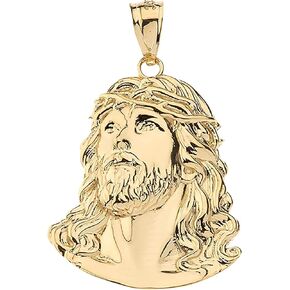 10K Yellow Gold 1-1/8" Face of Jesus with Crown of Thorns Christian Dangling Pendant Charm